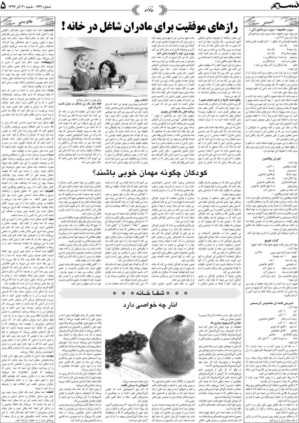 صفحه خانوداده روزنامه نسیم شماره 742